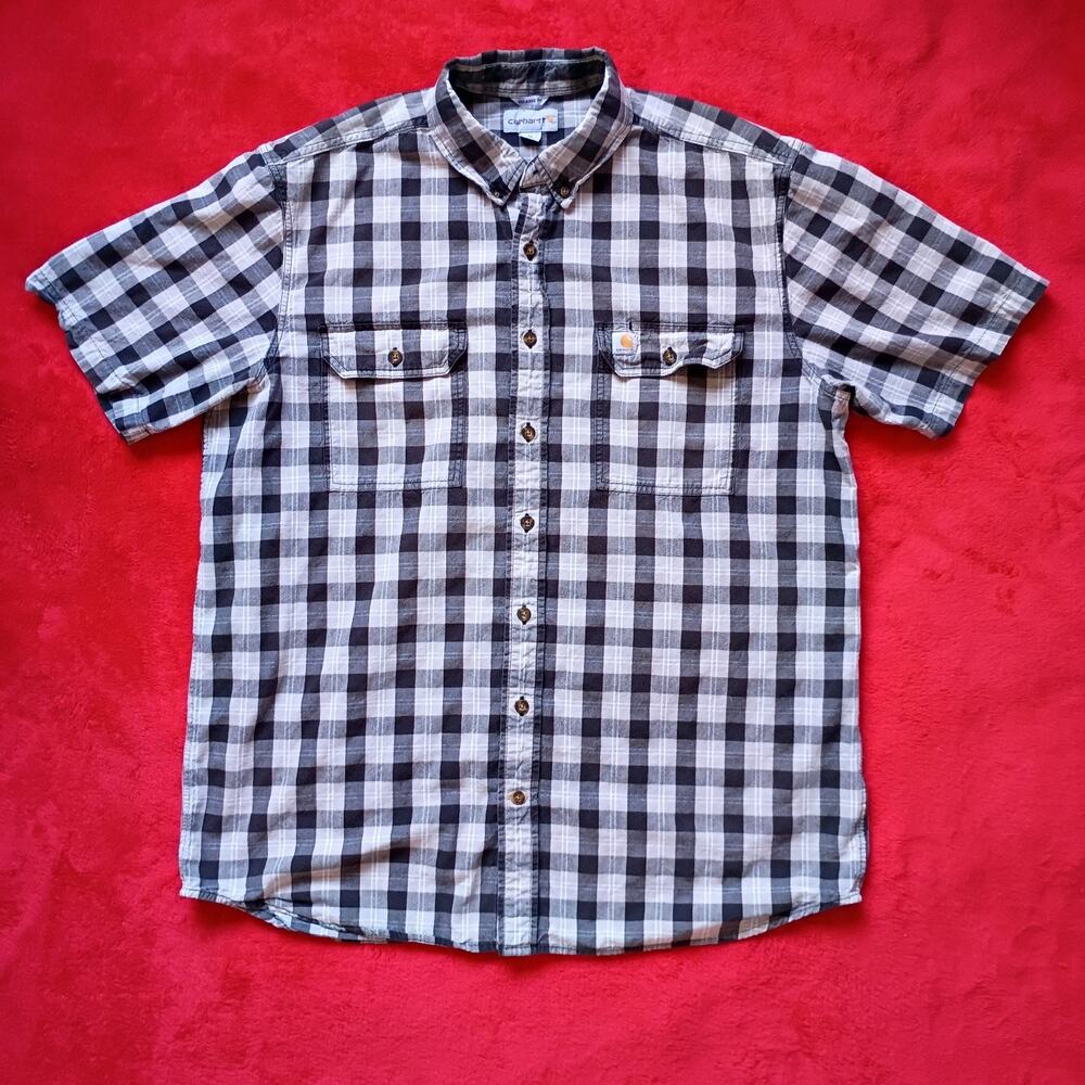 Carhartt Short Sleeve Relaxed Fit Button Up Plaid Mens XL Tall Grey/Red